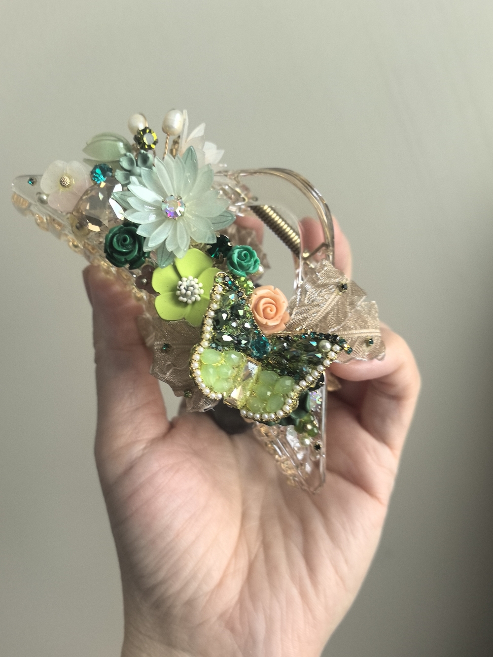 Embellished Floral & Butterfly Hair Clip in Mint Green and Peach